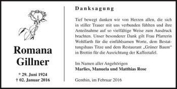 Traueranzeige von Romana Gillner  von Magdeburger Volksstimme