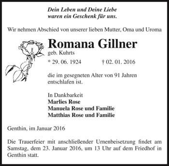 Traueranzeige von Romana Gillner (geb. Kuhrts)  von Magdeburger Volksstimme