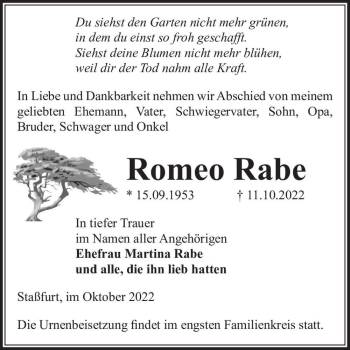 Traueranzeige von Romeo Rabe  von Magdeburger Volksstimme