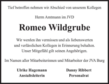 Traueranzeige von Romeo Wildgrube  von Magdeburger Volksstimme