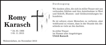 Traueranzeige von Romy Karasch  von Magdeburger Volksstimme