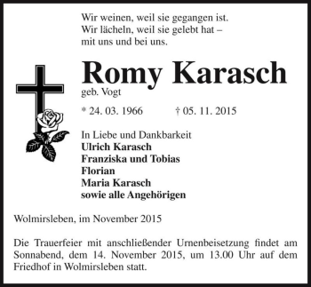 Traueranzeige von Romy Karasch (geb. Vogt)  von Magdeburger Volksstimme
