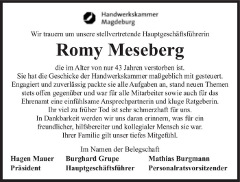 Traueranzeige von Romy Meseberg  von Magdeburger Volksstimme