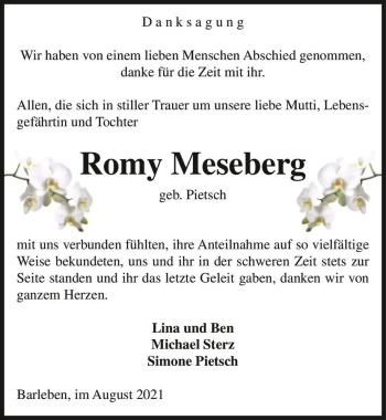 Traueranzeige von Romy Meseberg (geb. Pietsch)  von Magdeburger Volksstimme