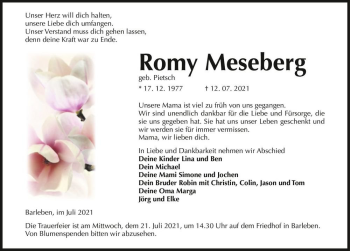 Traueranzeige von Romy Meseberg (geb. Pietsch)  von Magdeburger Volksstimme