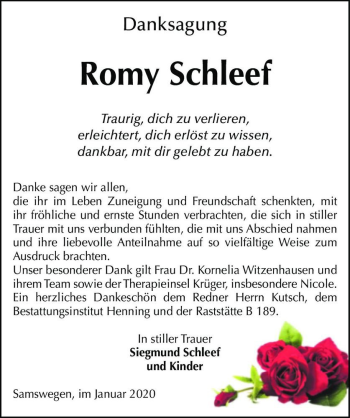 Traueranzeige von Romy Schleef  von Magdeburger Volksstimme