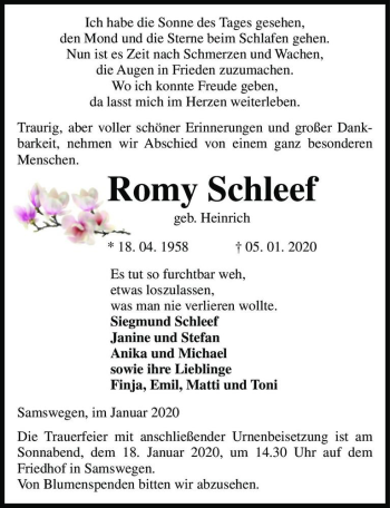 Traueranzeige von Romy Schleef (geb. Heinrich)  von Magdeburger Volksstimme