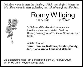 Traueranzeige von Romy Willging  von Magdeburger Volksstimme