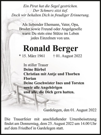 Traueranzeige von Ronald Berger  von Magdeburger Volksstimme