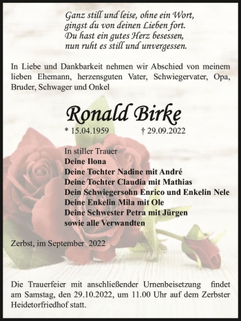 Traueranzeige von Ronald Birke  von Magdeburger Volksstimme