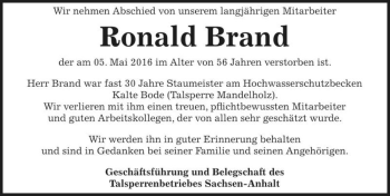 Traueranzeige von Ronald Brand  von Magdeburger Volksstimme