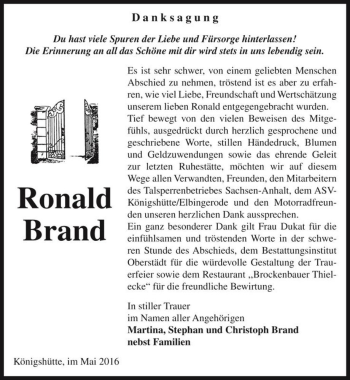 Traueranzeige von Ronald Brand  von Magdeburger Volksstimme