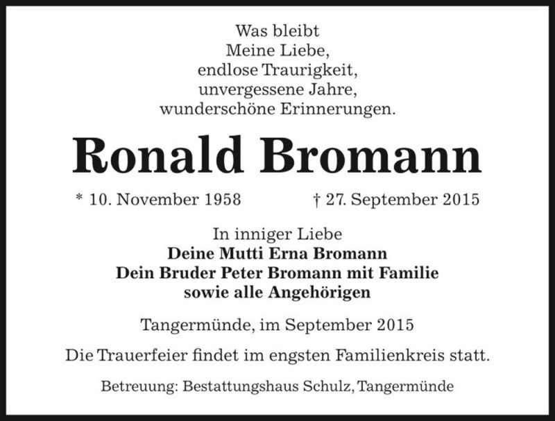  Traueranzeige für Ronald Bromann  vom 30.09.2015 aus Magdeburger Volksstimme