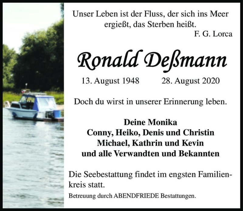  Traueranzeige für Ronald Deßmann  vom 12.09.2020 aus Magdeburger Volksstimme