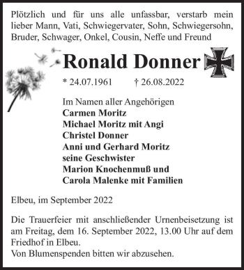 Traueranzeige von Ronald Donner  von Magdeburger Volksstimme