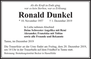 Traueranzeige von Ronald Dunkel  von Magdeburger Volksstimme