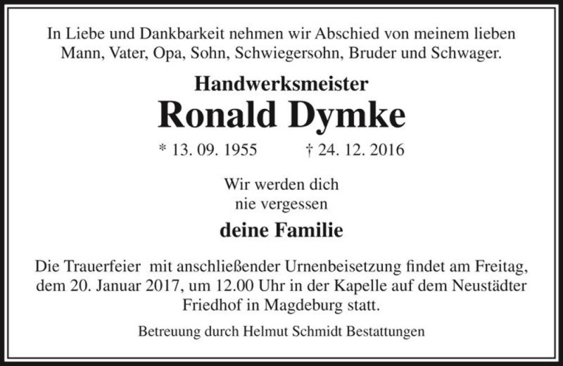  Traueranzeige für Ronald Dymke  vom 14.01.2017 aus Magdeburger Volksstimme