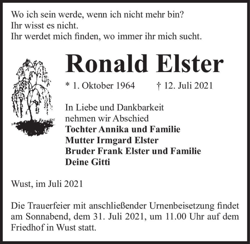  Traueranzeige für Ronald Elster  vom 17.07.2021 aus Magdeburger Volksstimme