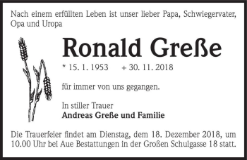 Traueranzeige von Ronald Greße  von Magdeburger Volksstimme