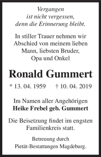 Traueranzeige von Ronald Gummert  von Magdeburger Volksstimme