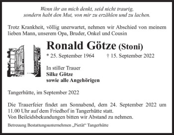 Traueranzeige von Ronald Götze (Stoni)  von Magdeburger Volksstimme