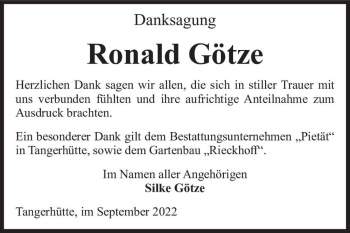 Traueranzeige von Ronald Götze  von Magdeburger Volksstimme