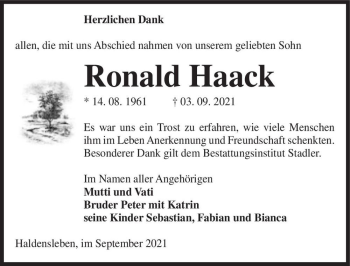 Traueranzeige von Ronald Haack  von Magdeburger Volksstimme
