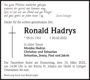 Traueranzeige von Ronald Hadrys  von Magdeburger Volksstimme