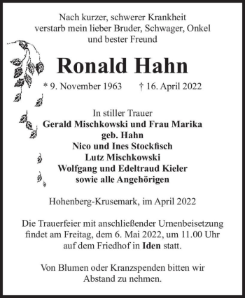 Traueranzeige von Ronald Hahn  von Magdeburger Volksstimme