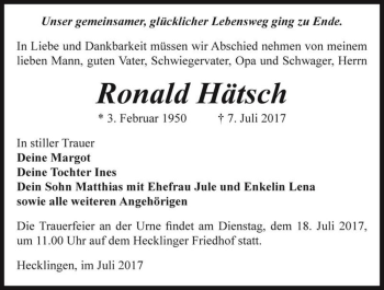 Traueranzeige von Ronald Hätsch  von Magdeburger Volksstimme