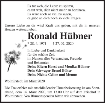 Traueranzeige von Ronald Hübner  von Magdeburger Volksstimme