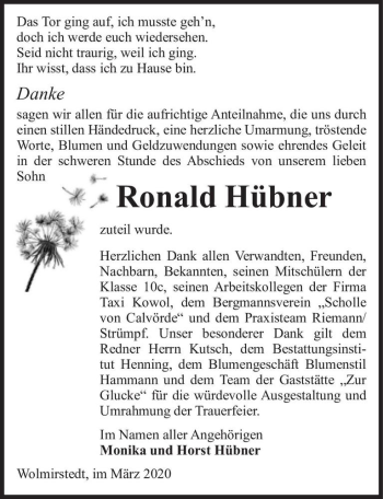 Traueranzeige von Ronald Hübner  von Magdeburger Volksstimme
