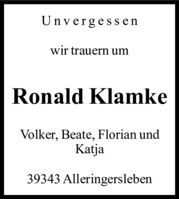 Traueranzeige von Ronald Klamke  von Magdeburger Volksstimme