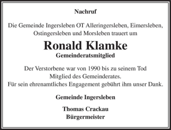 Traueranzeige von Ronald Klamke  von Magdeburger Volksstimme