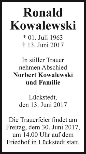 Traueranzeige von Ronald Kowalewski  von Magdeburger Volksstimme