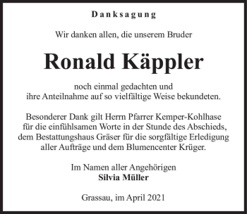 Traueranzeige von Ronald Käppler  von Magdeburger Volksstimme