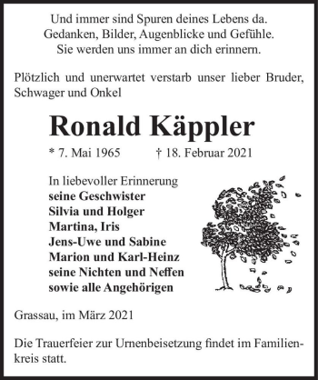 Traueranzeige von Ronald Käppler  von Magdeburger Volksstimme