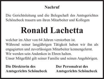 Traueranzeige von Ronald Lachetta  von Magdeburger Volksstimme