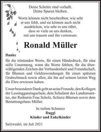 Traueranzeige von Ronald Müller  von Magdeburger Volksstimme