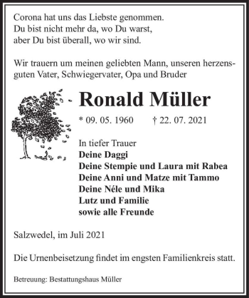 Traueranzeige von Ronald Müller  von Magdeburger Volksstimme