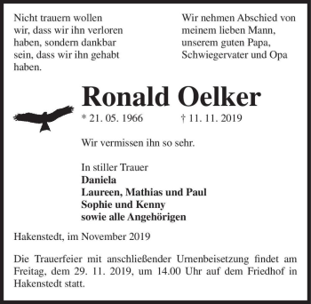 Traueranzeige von Ronald Oelker  von Magdeburger Volksstimme