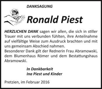 Traueranzeige von Ronald Piest  von Magdeburger Volksstimme