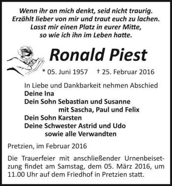 Traueranzeige von Ronald Piest  von Magdeburger Volksstimme