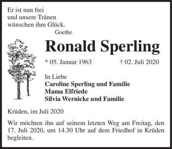 Traueranzeige von Ronald Sperling  von Magdeburger Volksstimme