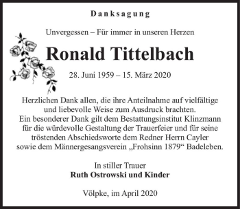 Traueranzeige von Ronald Tittelbach  von Magdeburger Volksstimme