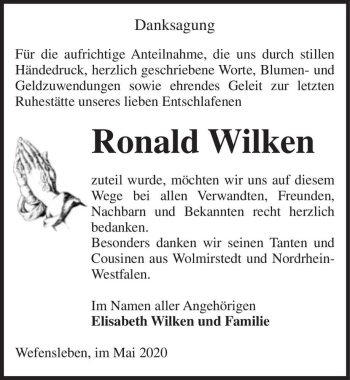 Traueranzeige von Ronald Wilken  von Magdeburger Volksstimme