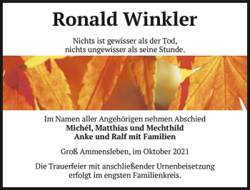 Traueranzeige von Ronald Winkler  von Magdeburger Volksstimme