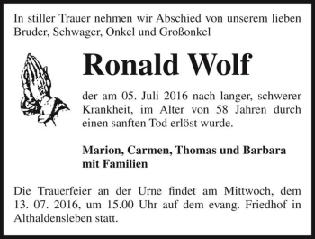 Traueranzeige von Ronald Wolf  von Magdeburger Volksstimme