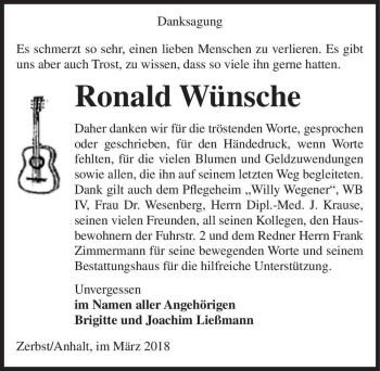 Traueranzeige von Ronald Wünsche  von Magdeburger Volksstimme