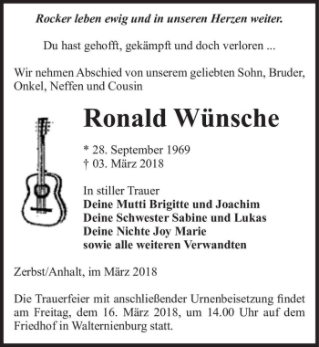 Traueranzeige von Ronald Wünsche  von Magdeburger Volksstimme